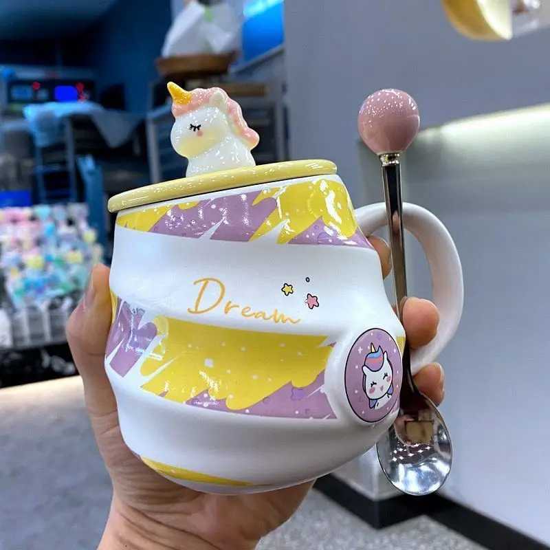 400ml Cute Unicorn Ceramic Cup Ins High Beauty Coffee Mug with Spoon Straw Box Dust Plug Small Summer Couple Water Cups Gift C251210