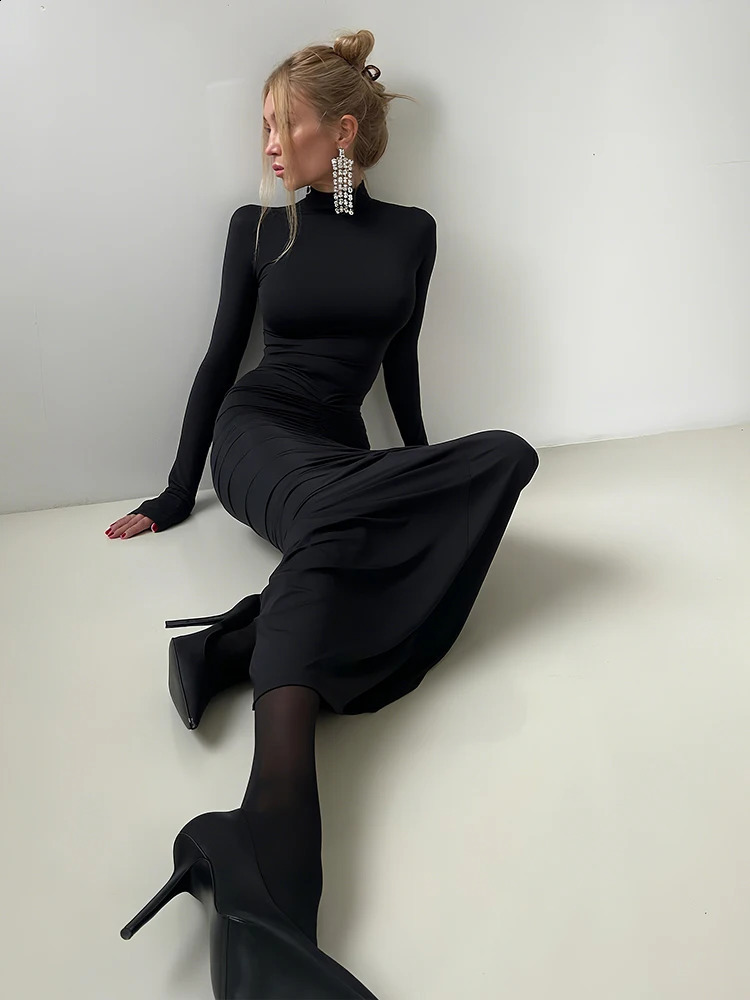 kliou Womens Shirring Maxi Dress - Turtleneck Long Sleeve Bodycon, Solid Autumn Style, Elegant High Street Trend Vestidos C260312