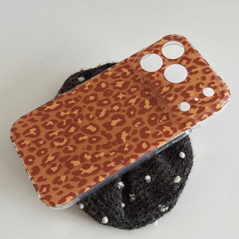 ins Korean Style Orange Leopard Print Compatible with iPhone 17 Apple 16 Pro Max Phone Case 15 Full Coverage Protective Cover