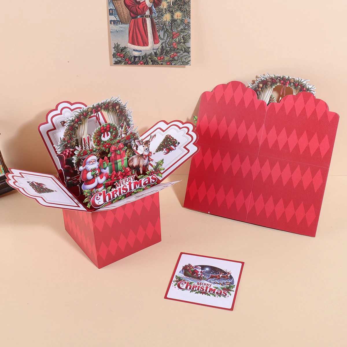 1PC Christmas 3D gift box-shaped greeting card suitable for Christmas blessing messages and gift cards including envelope H251210