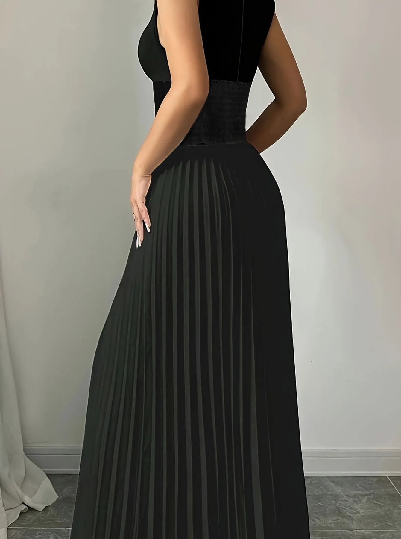 Black Womens Oversized Woven Casual Bohemian A-Line Maxi Summer Dress with Pockets - Full Length Clothing C260312