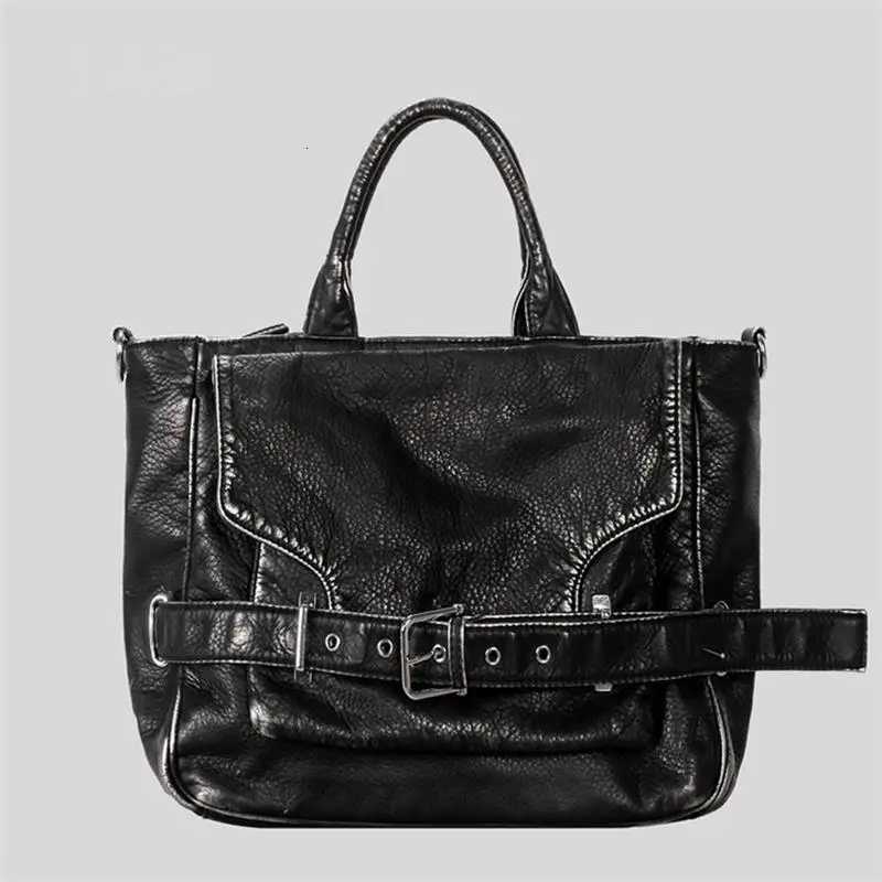 Korean Belt Buckle Crossbody Shoder BagSoft Leather Solid Color Tote BagLarge Capacity Motorcycle Biker Style Handbag Y251209