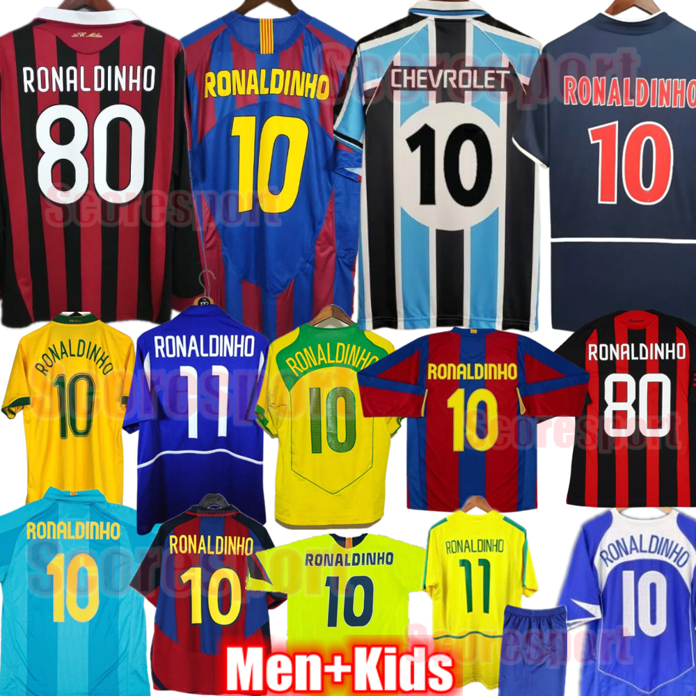 RONALDINHO Retrio Soccer Jersey 2002 2004 Vintage Football Shirts Long sleeve 03 04 05 06 07 08 09 10 11 12 Retro Football Kids Kits 3XL
