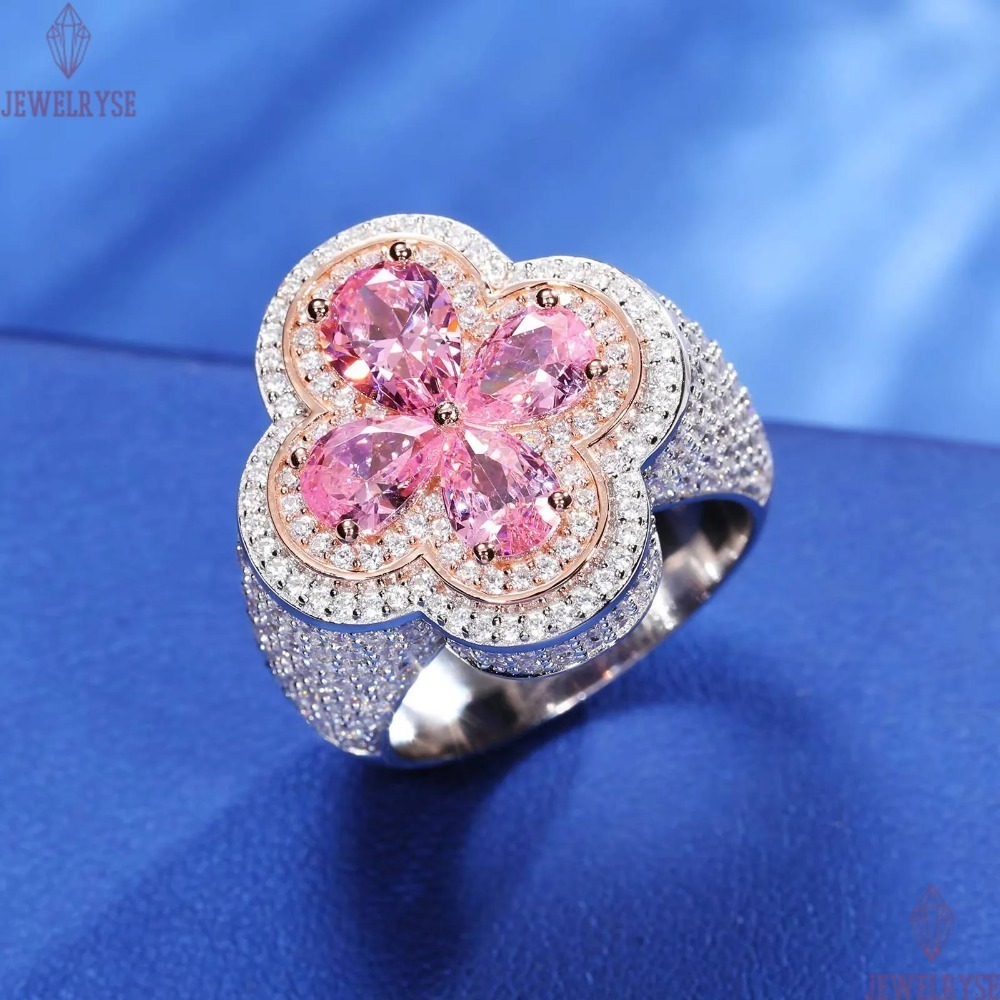 Luxury Wedding Jewelry Couple Lucky Clover Ring 925 Sterling Silver Pink Water Drop VVS Moissanite Diamond Iced Out Cross Ring