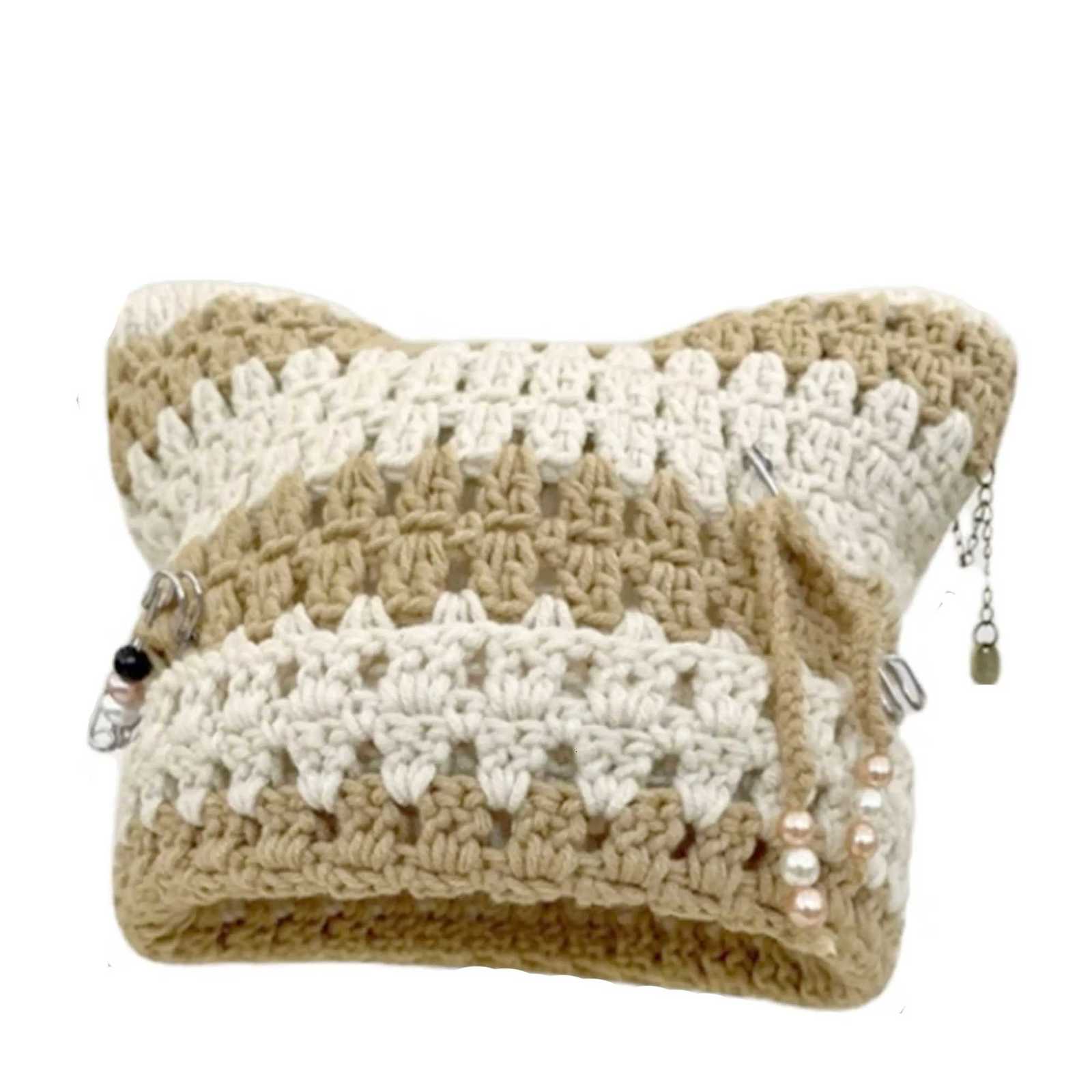 Luxury Neutral Hand Crocheted Knitted Pullover Hat with Detachable Metal Pin Tassel Y2K Street Fashion Hip Hop Hollowed Punk Style Y251209