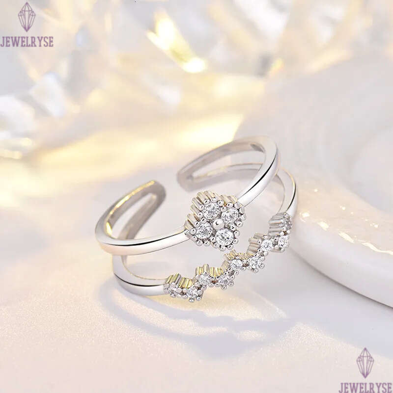 Sweet clover designer ring for women girls s925 silver classic simple double row diamond sparkling crystal band rings jewelry