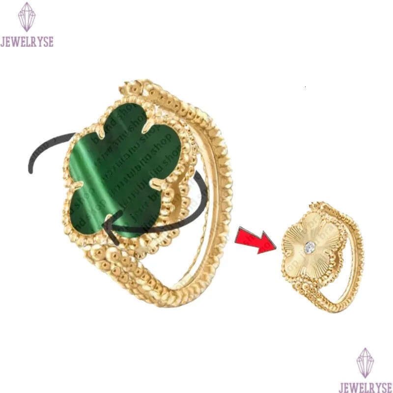 jewelry woman 15mm clover Minimalist lucky flower mother of pearl turquoise rotatable 925 silver rose gold jewelery luxury designer ring