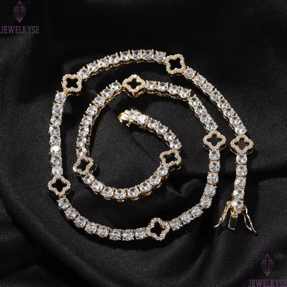 New Arrivals Lucky 4 Leaf Clover Tennis Bracelet Necklace Set for Women Men Hip Hop Iced Out Enamel Colored Jewelry Wholesale