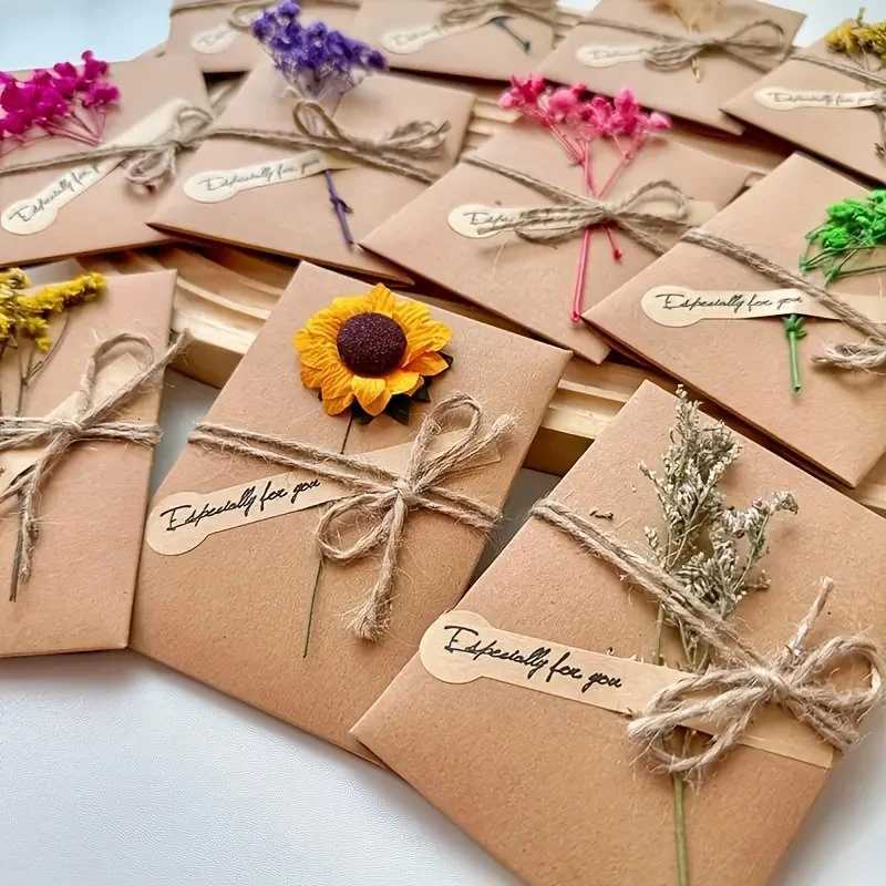 Handmade Kraft Paper Greeting Cards with Flowers For Birthday Christmas - Thank You and Blessing Cards Featuring An Angel Theme H251210