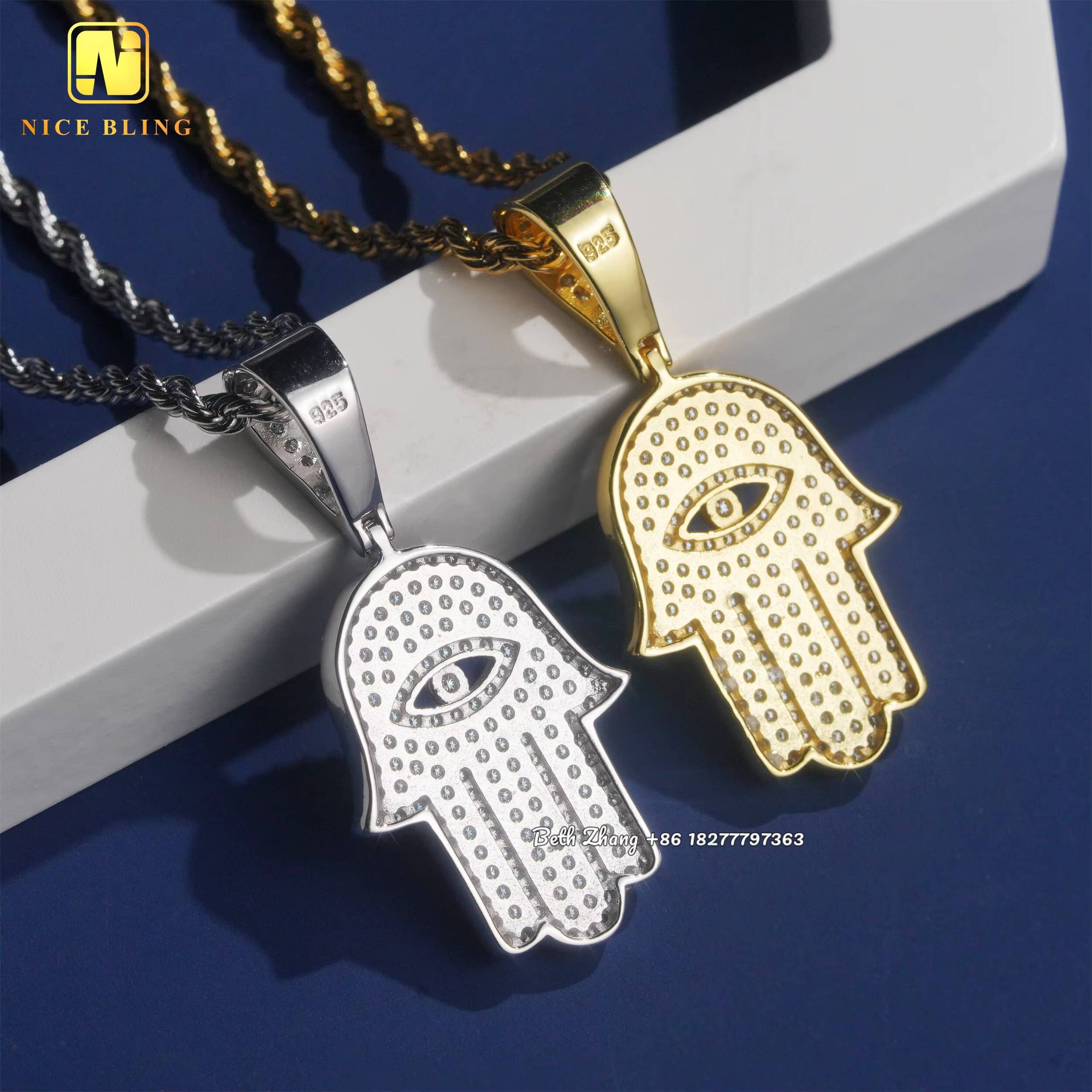 925 Sterling Silver Pendants Hip Hop Jewelry Moissanite Hamsa Hand Charm Pendants
