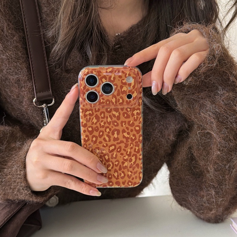 ins Korean Style Orange Leopard Print Compatible with iPhone 17 Apple 16 Pro Max Phone Case 15 Full Coverage Protective Cover