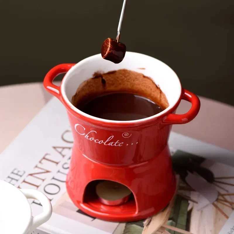Hot Ceramic Chocolate Creative Household Drinking Utensils Cup with Fork Candle Pot Chafing Dish Melting Chocolate Mug Tableware C251210