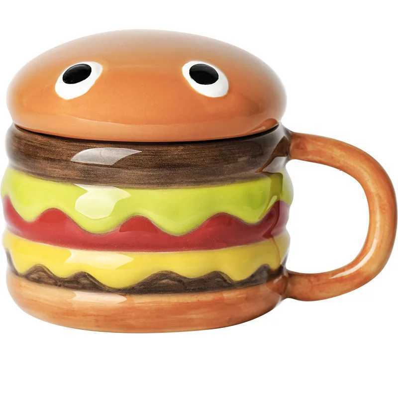 300ML Coffee Mugs Creative Hamburger Shaped Water Cup with Lid Cute and Cute Breakfast Cup Large Capacity Ceramic Hamburger Mug C251210
