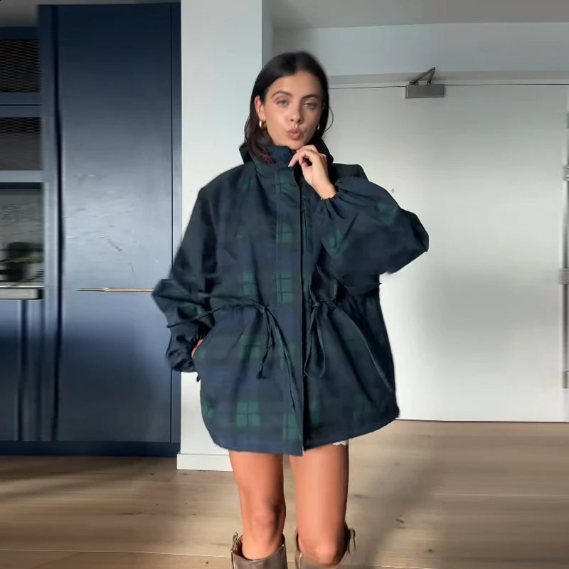 Retro Trendy Plaid Jacket Loose Casual Chic Coat Stand-collar Hoodie Autumn Outerwear Womens Street Wear 251210