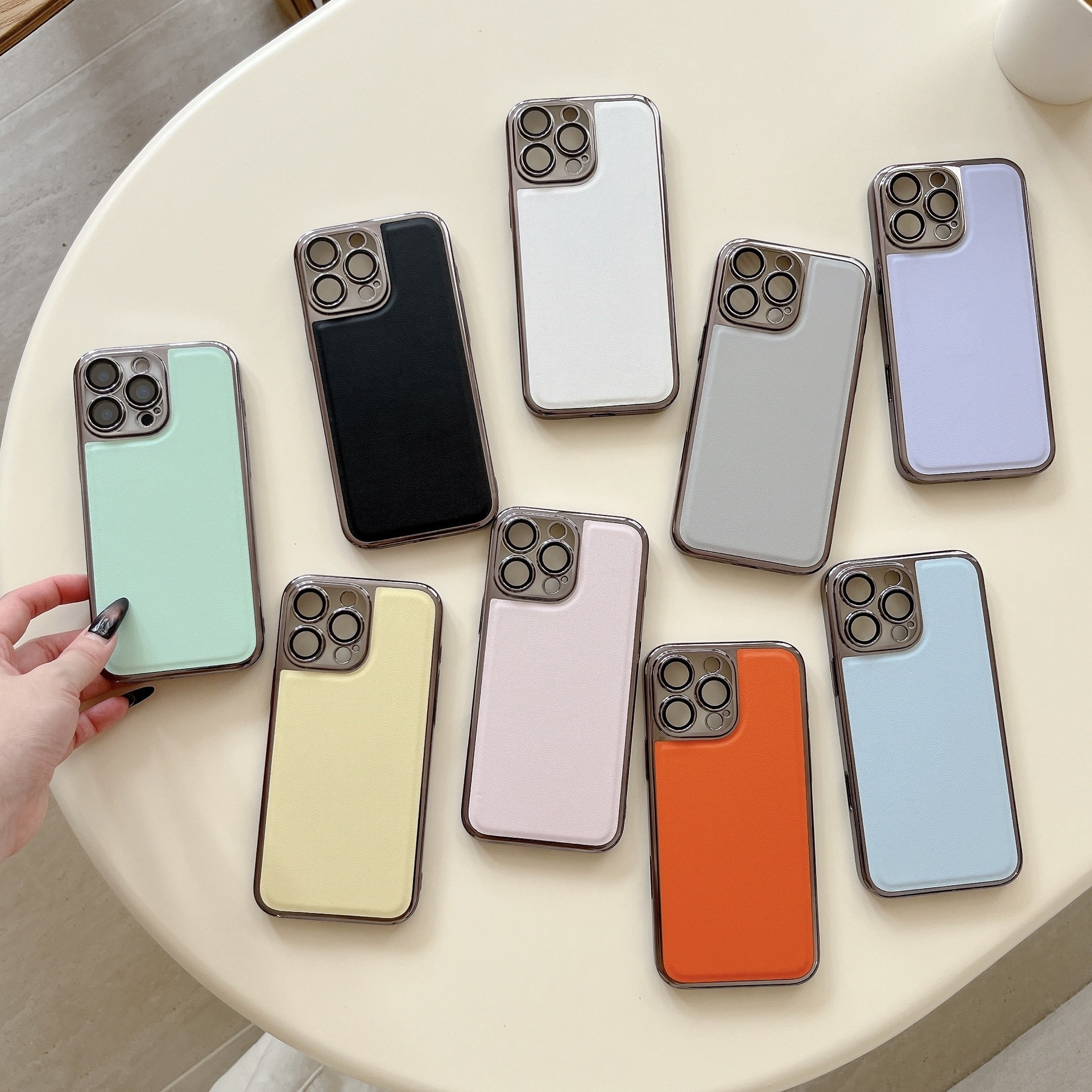 Korean Style Electroplated Lychee Texture Compatible with iPhone 17 Apple 16 Max Phone Case Faux Leather 15 Pro Solid Color