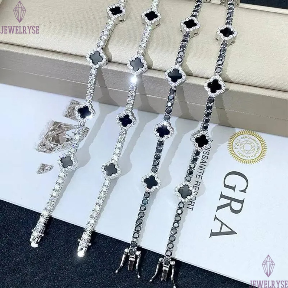 New Design 3mm 925 Sterling Silver Luxury Hip Hop Moissanite Diamond Tennis Chain Bracelets Four Cleef Clover Pass Test