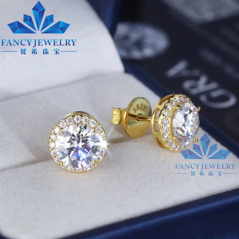 Classic Design 5mm 65mm 8mm Moissanite Diamond Def Vvs Round Moissanite Push Back Halo Stud Earrings for Women