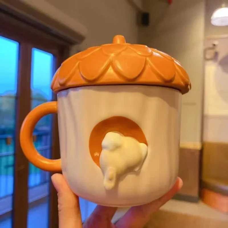 New autumn cute maple leaf forest autumn rabbit cute fox squirrel acorn ceramic mug cup set coffee mug with lid fall mug C251210