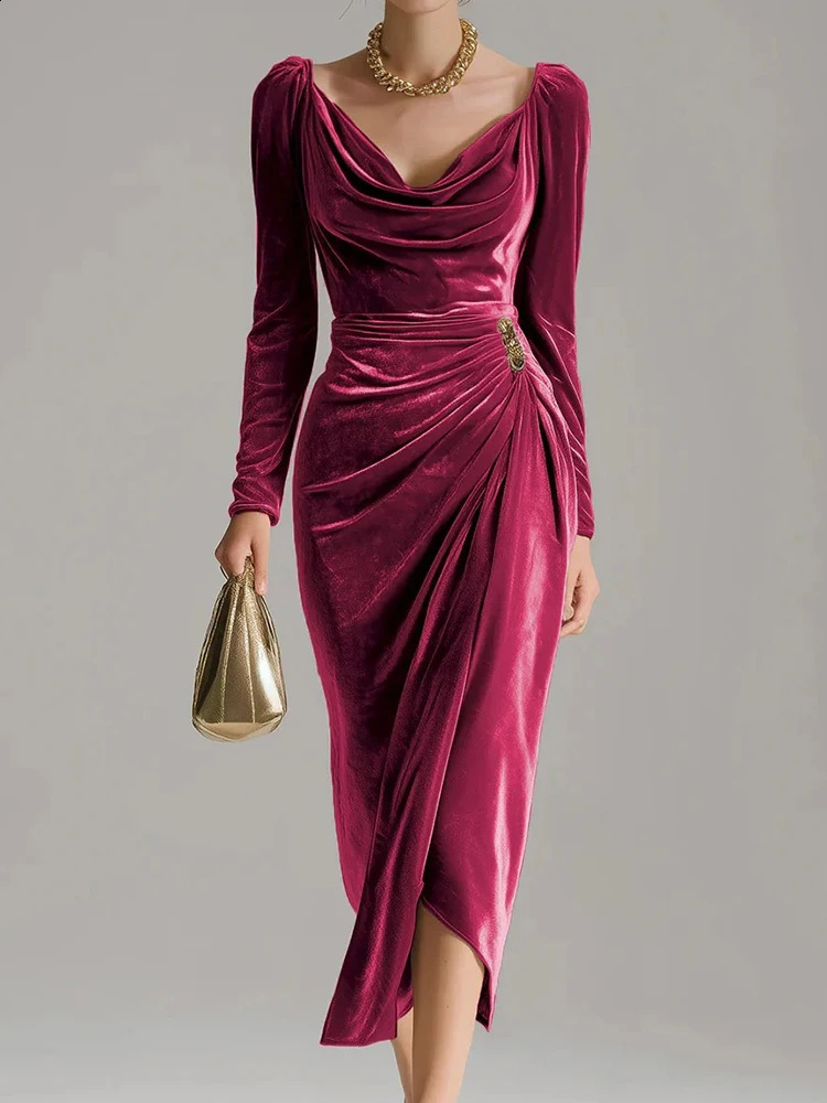 Office Lady Velvet Long Sleeve V-Neck Vintage Solid Mid-Length Draped Dress for Women - Elegant Autumn Winter Wear C260312