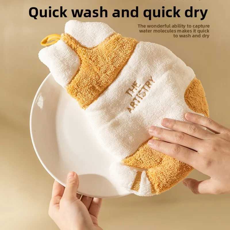 Cat-Print Hand Towel Hanging Washcloth Childrens Adorable Coral Fleece Towel Kitchen Ultra-Absorbent Thickened Dishcloth C251210