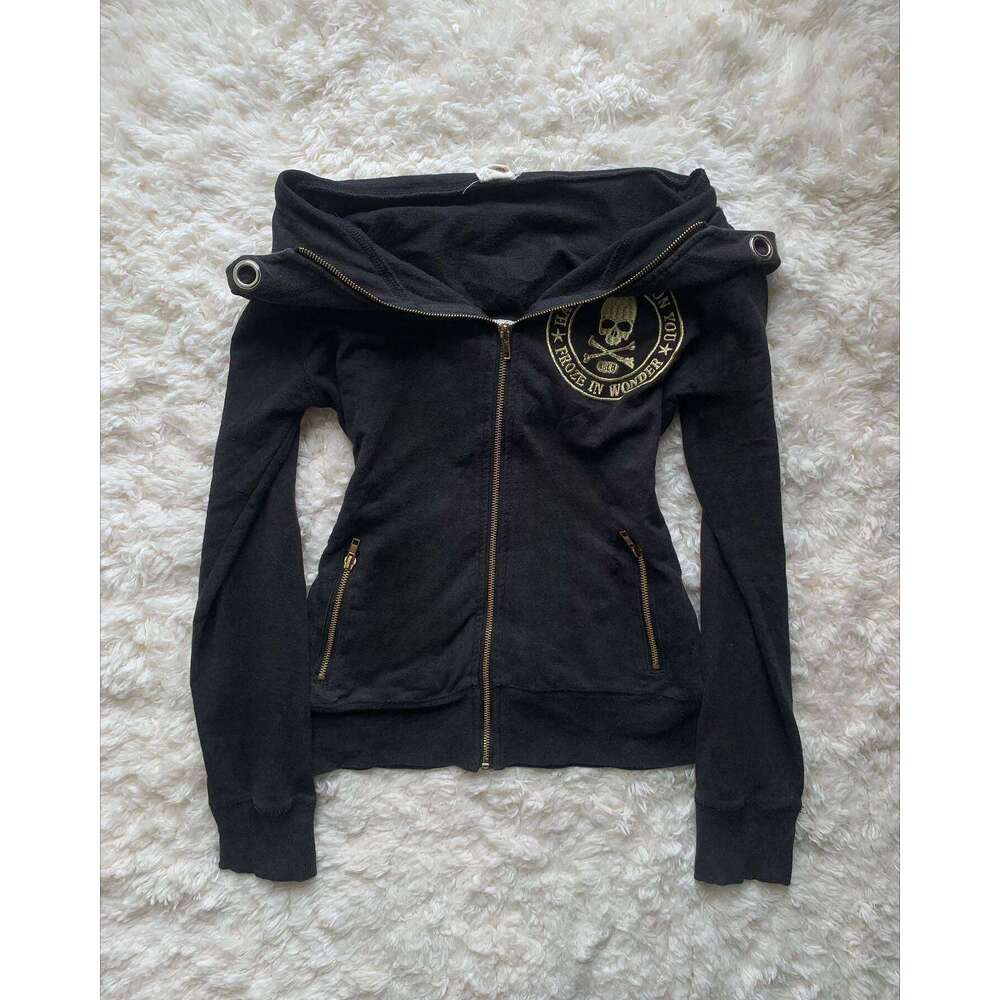 Y2k Retro Zipper Hoodies Women Harajuku Sexy Slim Fit Sweatshirt Autumn Skull Graphic Embroidery Hooded Jacket Gothic Clothing