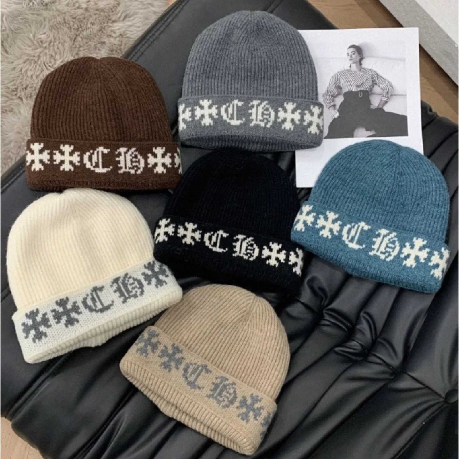 Luxury 1PC Black Knitted Beanie Hat Gothic Cross Pattern Warm Winter Cap Unisex Fashion Streetwear Headwear Soft Elastic Knit Hat Y251209