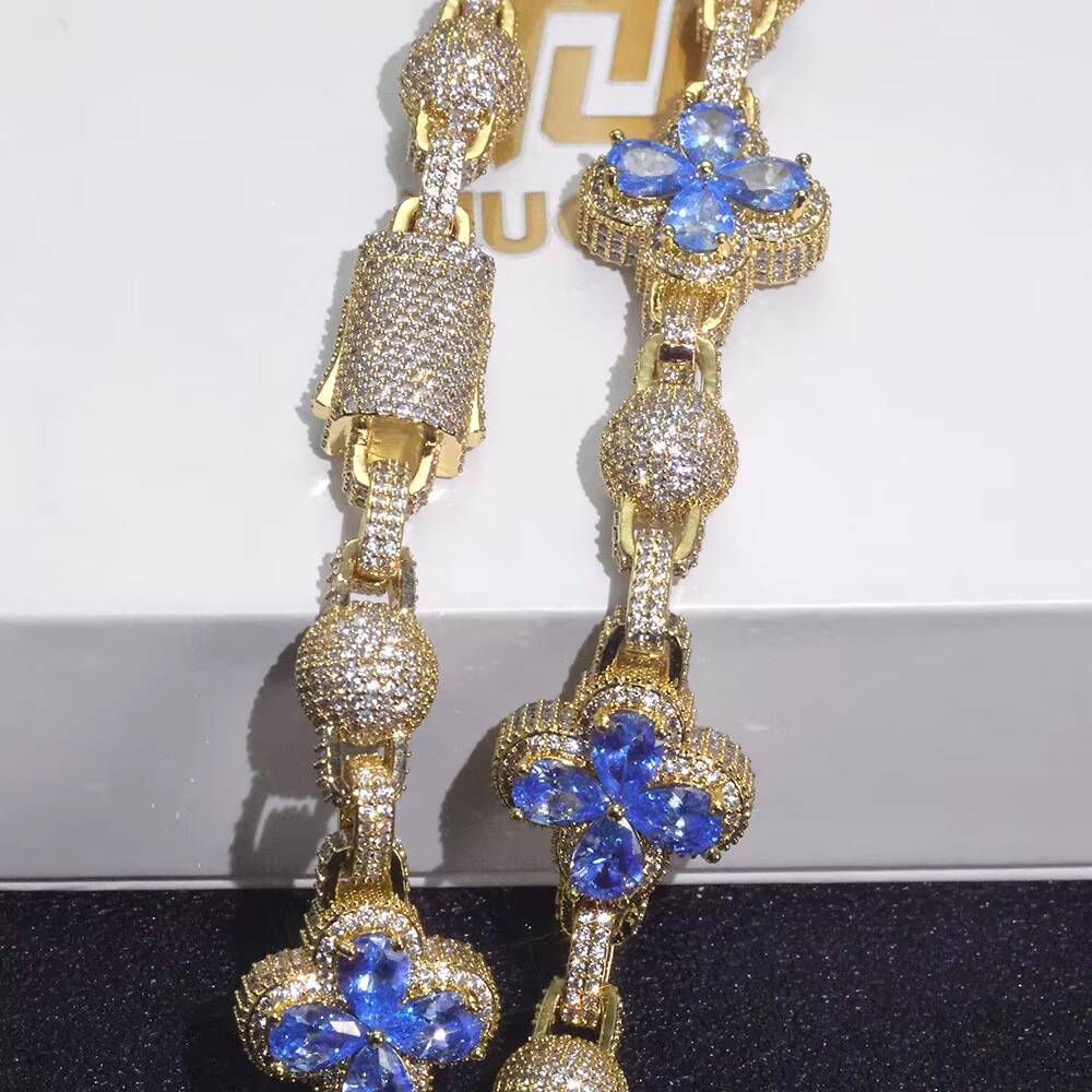 NUOYA Iced Out Four Leaf Clover Spherical Cuban Link Chain Bracelet Gold Silver Plated Diamond Zircon Hip Hop Jewelry