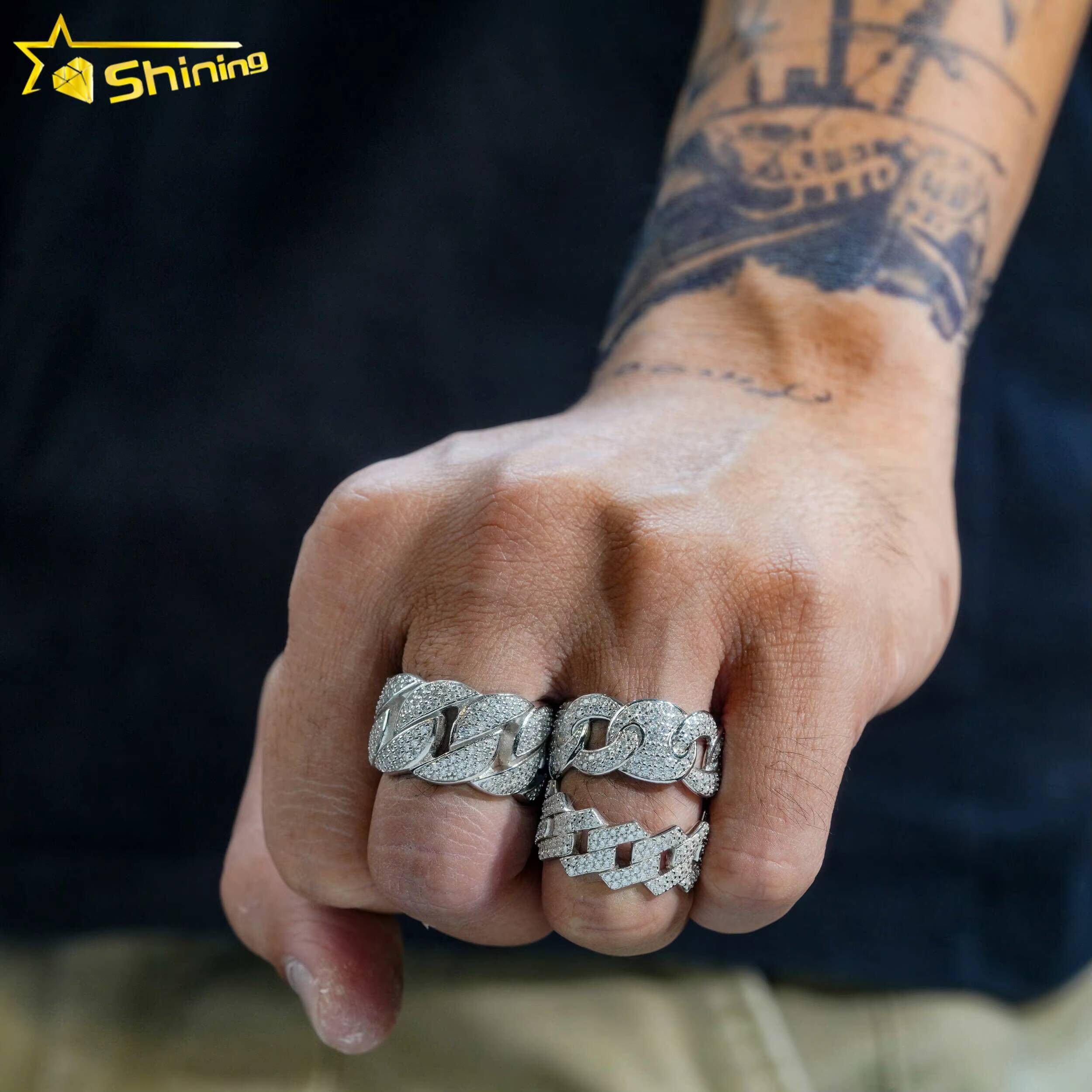 Wholesale Factory Price Rhodium Plated Prong Setting Moissanite Jewelry 925 Silver Iced 2 Row Cuban Hip Hop Unisex Rings
