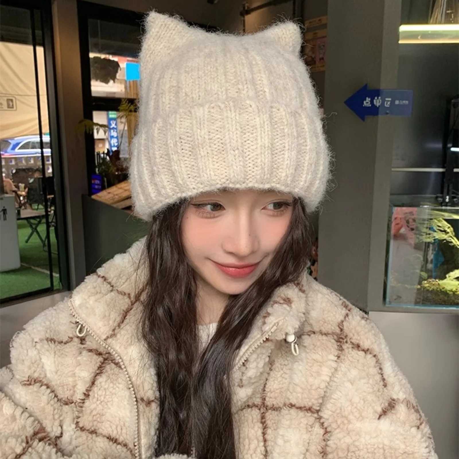 Luxury 1PC Cat Ear Knitted Beanies Cute Winter Warm Wool Hats For Women Korean Style Fashion Headwear Y251209