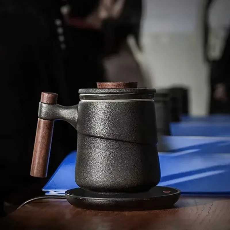 Black Ceramic Cup Wooden Handle Filter Tea Cup Ceramic Mug Creative Office Retro Water Cups and Mugs China Set Birthday Gift Box C251210