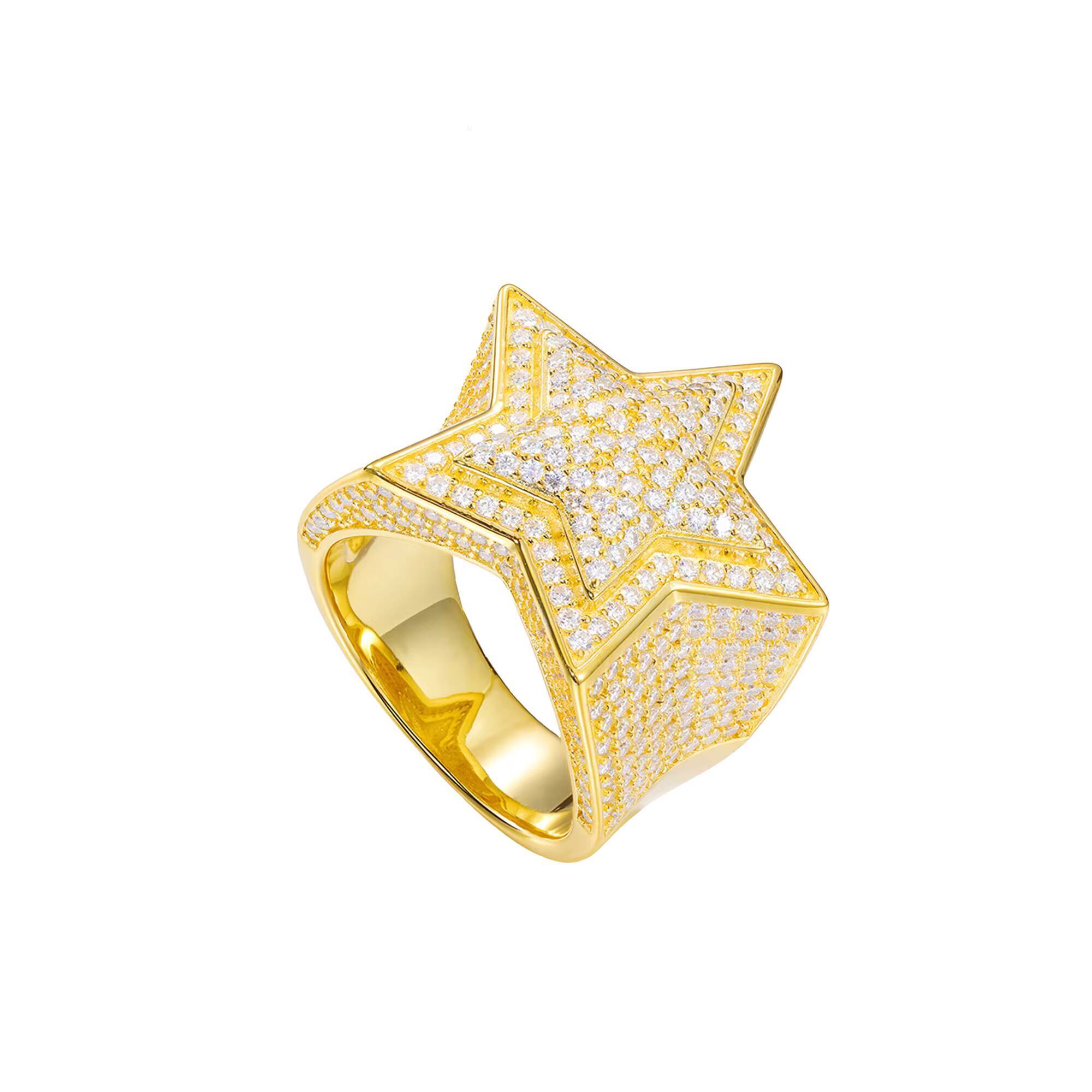 S925 Sterling Silver Moissanite Five-Pointed Star Ring 14K Gold Plated Hip Hop Trendy Jewelry