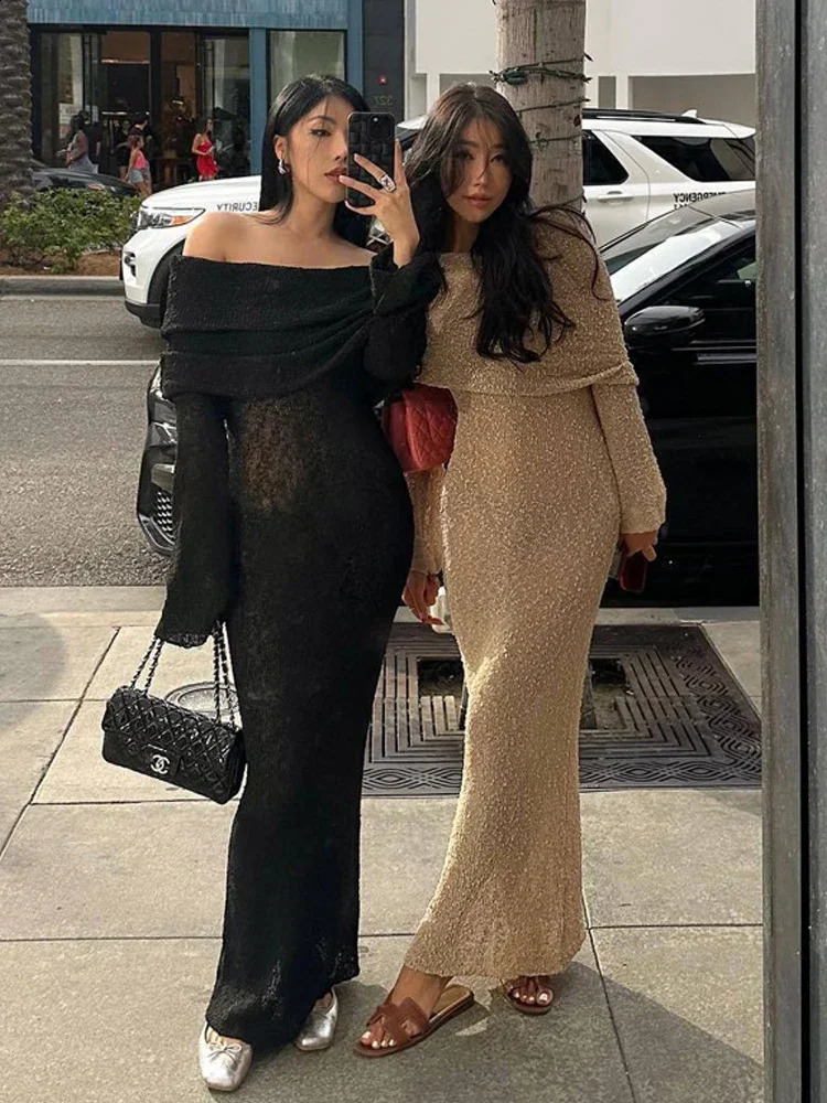 Sleeve Sexy Hollow Out Knitted Dresses Women Elegant Off Shoulder Knit Long Dress Party Evening See Through Robe Vestidos 251210 C260312