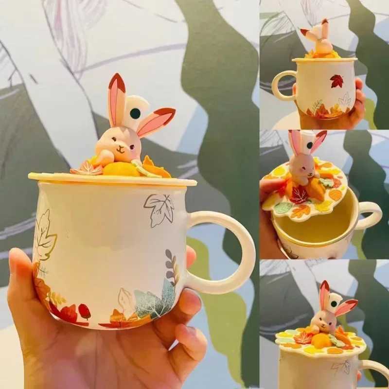 New autumn cute maple leaf forest autumn rabbit cute fox squirrel acorn ceramic mug cup set coffee mug with lid fall mug C251210