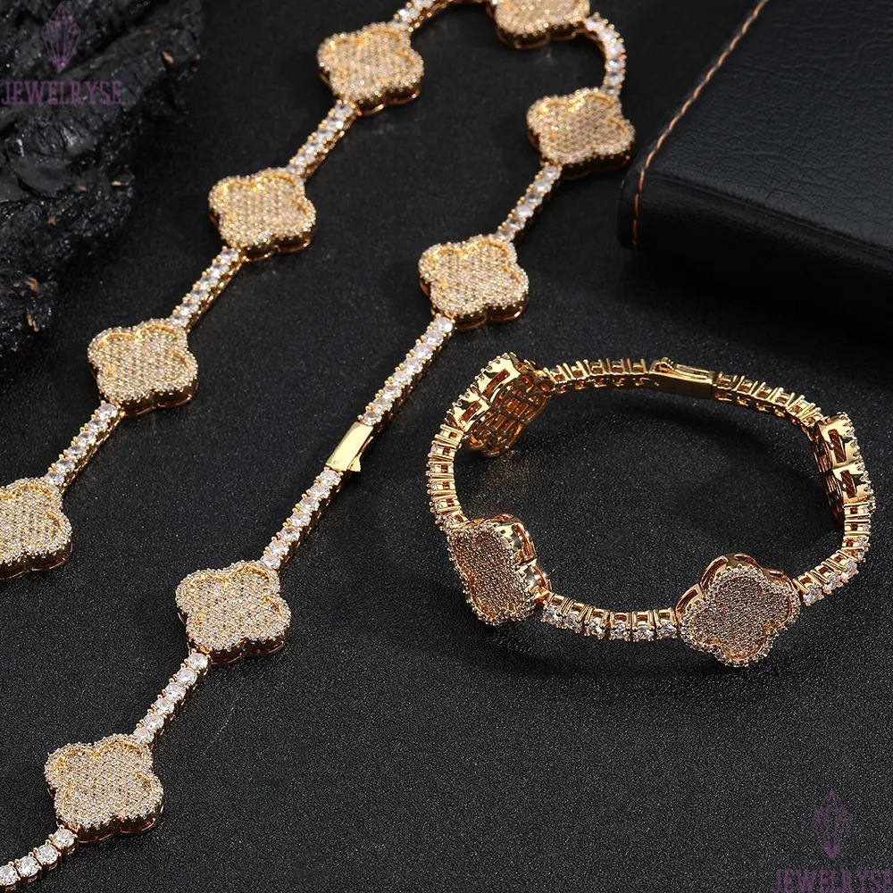 Hip Hop Fine Jewelry Four-Leaf Clover Tennis Chain Necklace Women 18K Gold Plated Moissanite Iced Out Bling Diamond Chain