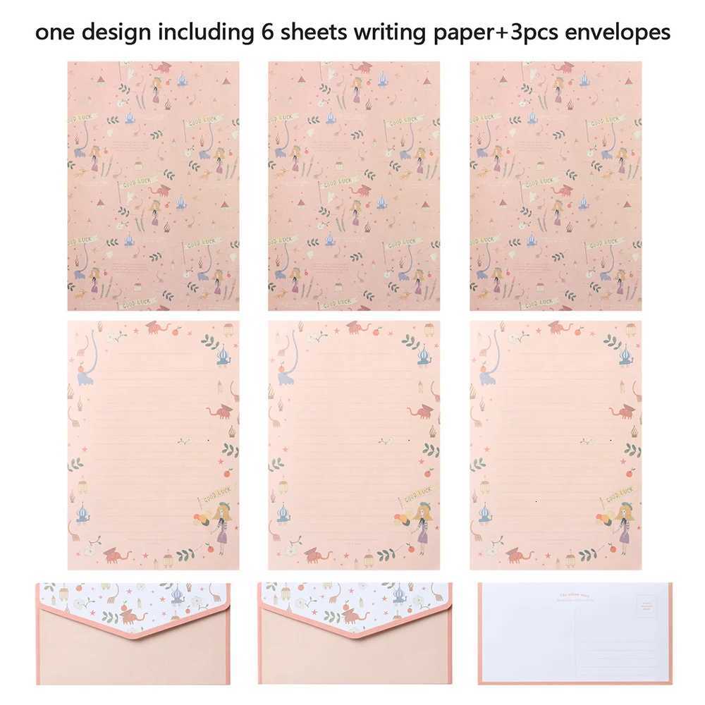 6Pcs Differrent Design Writing Paper With 3Pcs Envelopes Cartoon Pattern Vintage Floral Letter Stationery School Off Supplies H251210