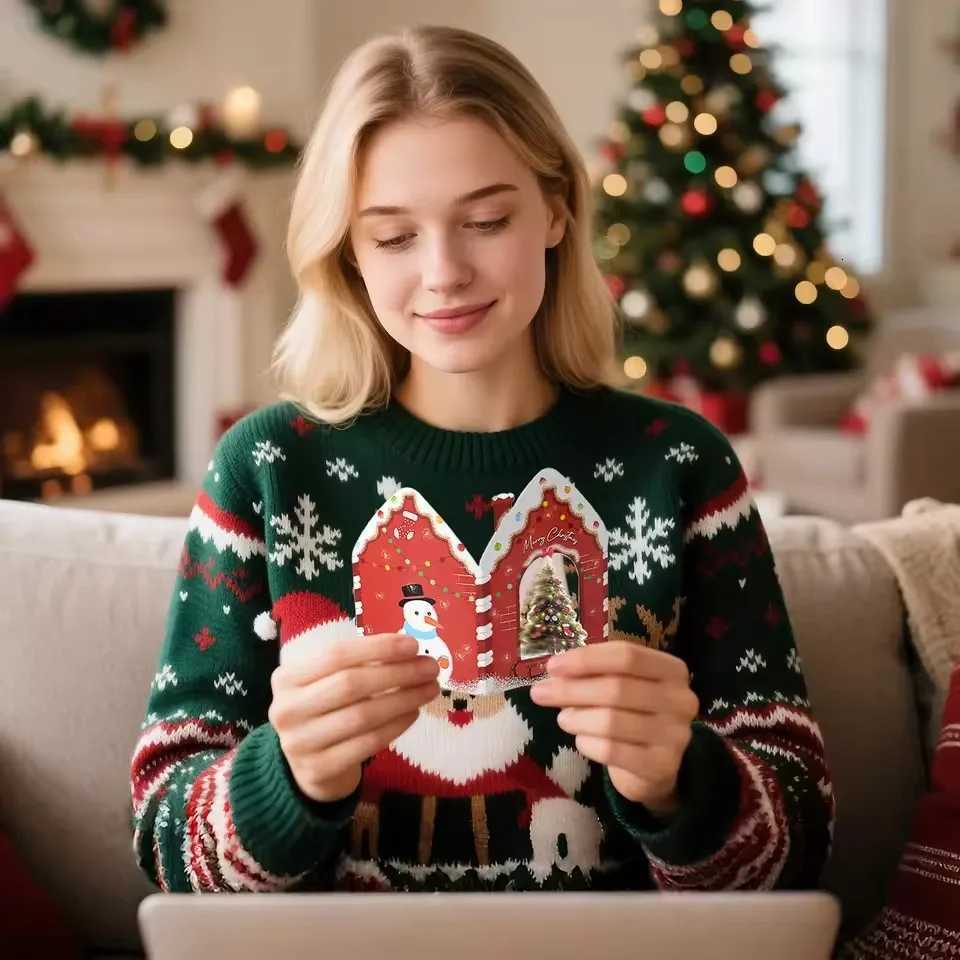 10/20Pcs Merry Christmas Greeting Cards House Design 3D Rotating Blessing Card for New Year Party Gift Decoration Supplies H251210