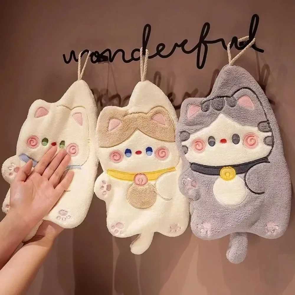 Cute Cat Hand Towel Quick Drying Kitchen Cleaning Rag Coral Velvet Cartoon Animal Absorbent Bathroom Hanging Towel Home Supplies C251210