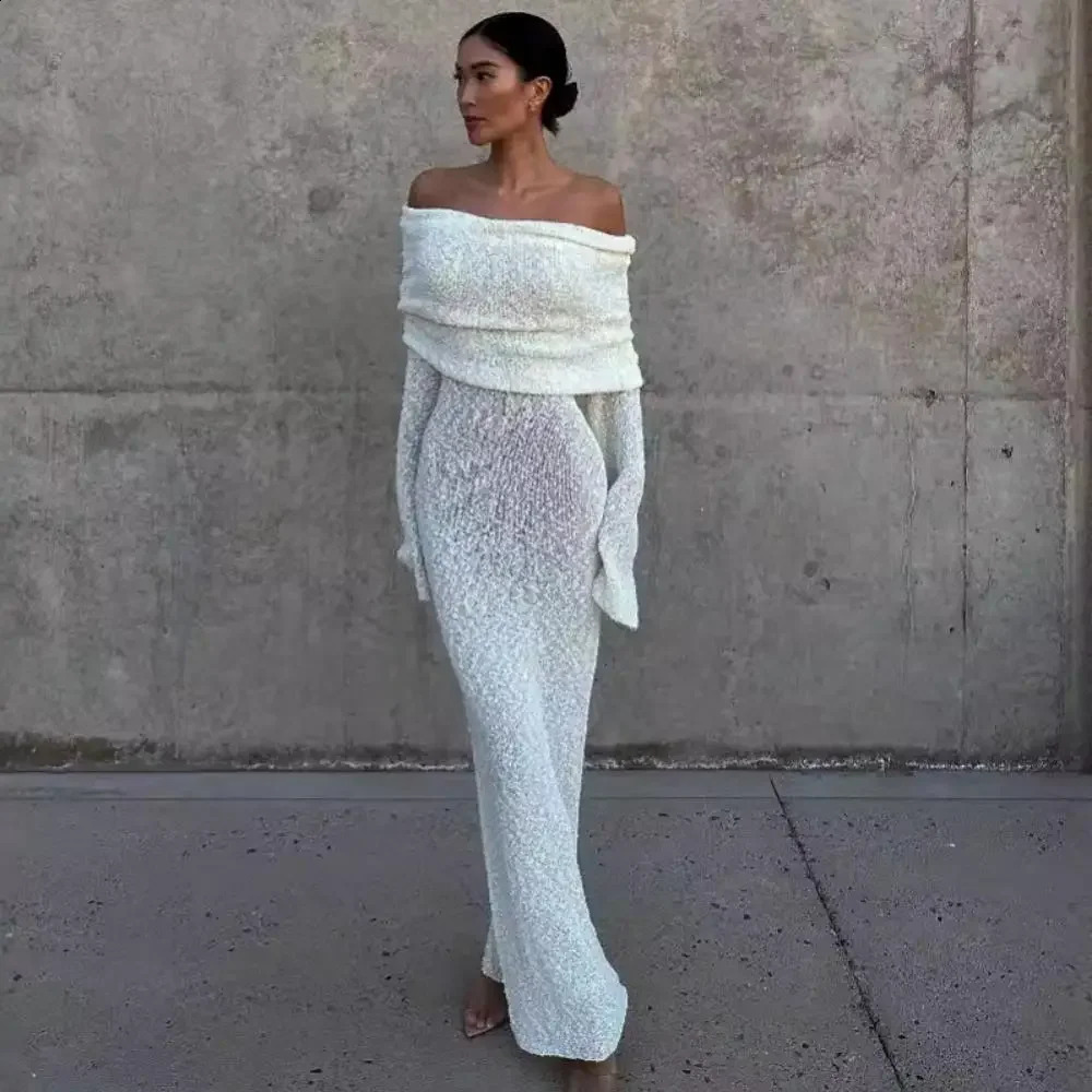 Sleeve Sexy Hollow Out Knitted Dresses Women Elegant Off Shoulder Knit Long Dress Party Evening See Through Robe Vestidos 251210 C260311