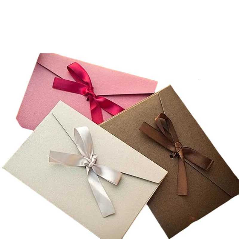 10Pcs/Set Retro Pearlescent Paper Envelope Bow Thick Ribbon Creative Color Greeting Card Bags for Wedding Invited Gift Postcards H251210