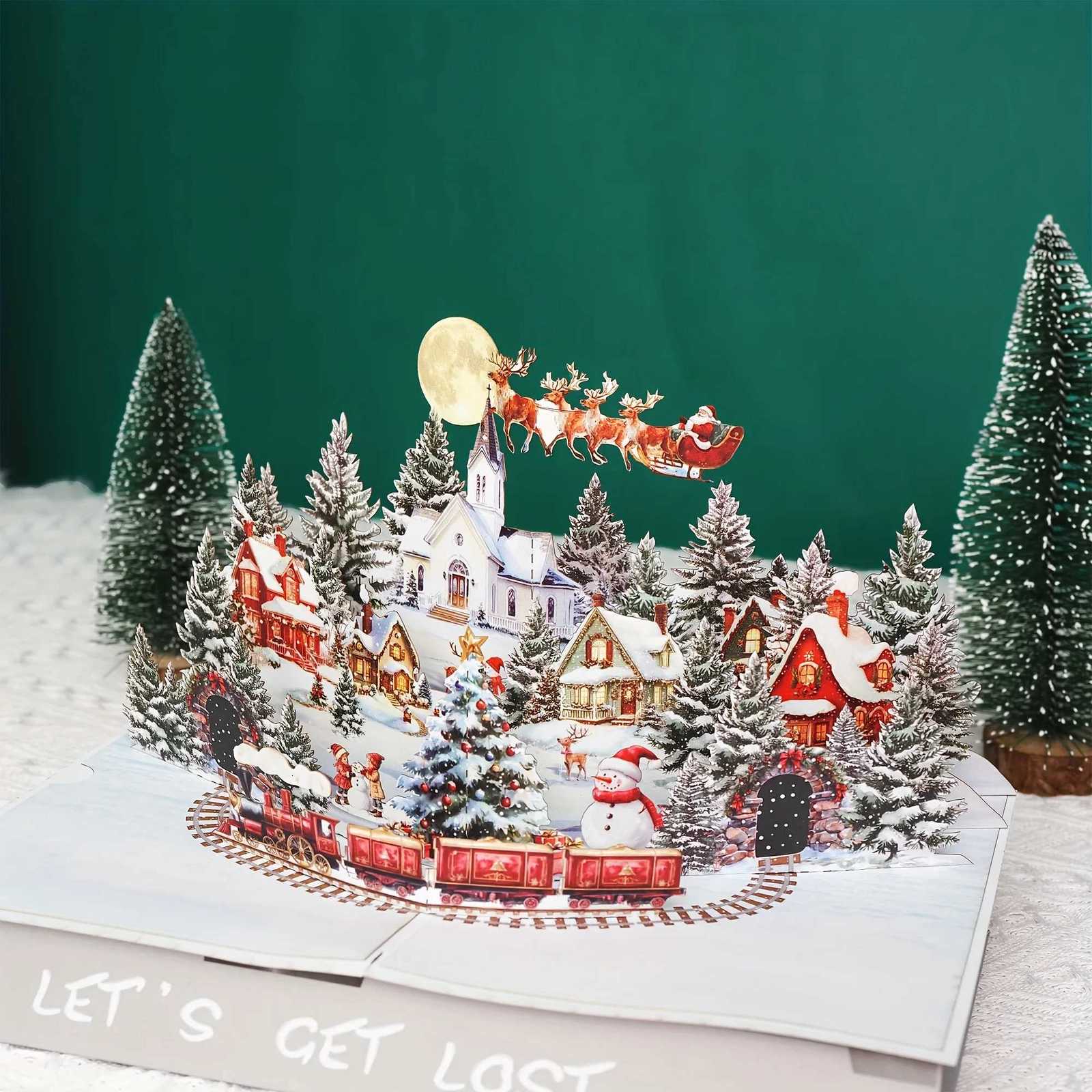 3D -Up Christmas Card with Santa Reindeer-Festive Snowy Village Holiday Greeting Card for Family Friends Moonlit Design H251210