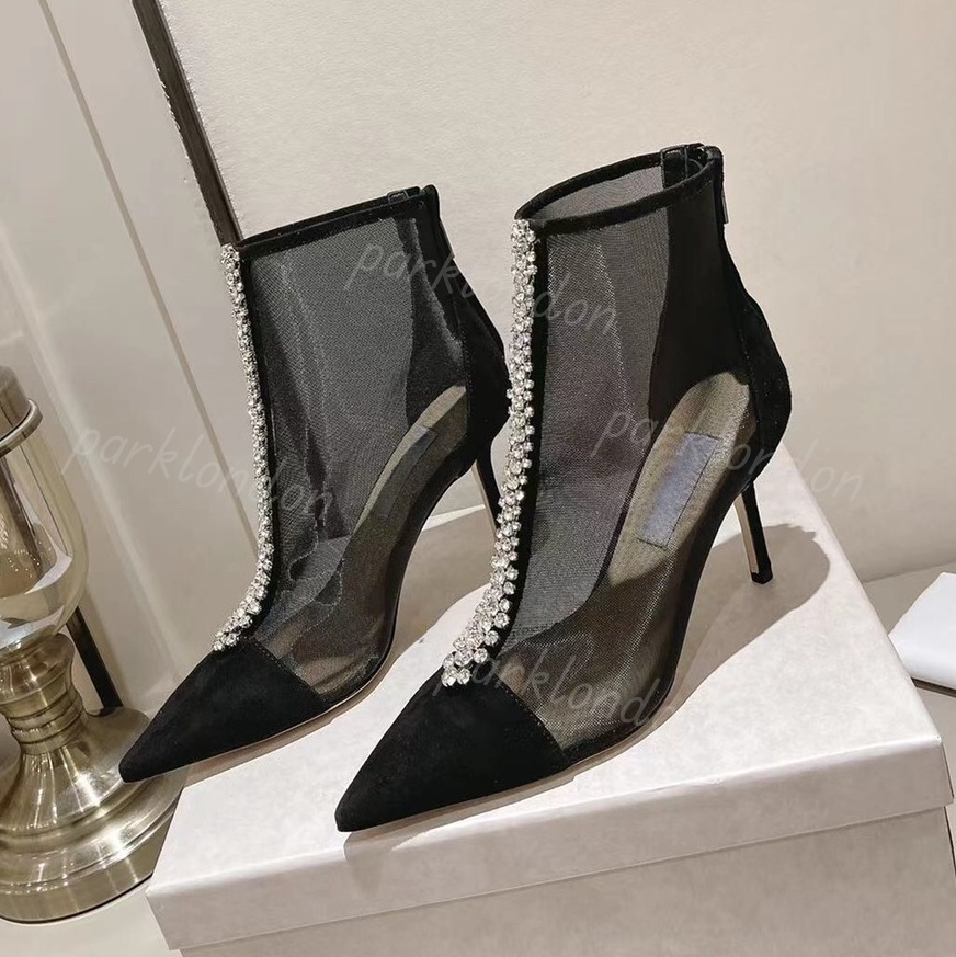 Designer Women's Shoes Luxury Mesh Cut-out Rhinestones Thin Heels Pointed Toe Ankle Boots Breathable Boots Sex Heels 33848