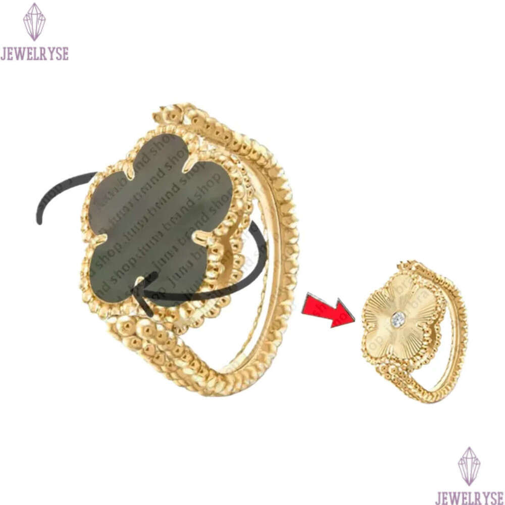 jewelry woman 15mm clover Minimalist lucky flower mother of pearl turquoise rotatable 925 silver rose gold jewelery luxury designer ring