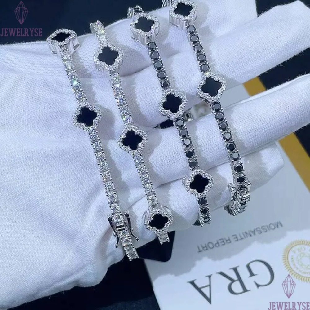 New Design 3mm 925 Sterling Silver Luxury Hip Hop Moissanite Diamond Tennis Chain Bracelets Four Cleef Clover Pass Test