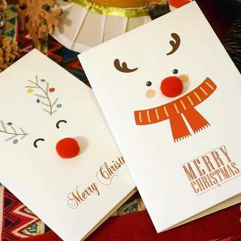 Christmas Exquisite Greeting Card Cartoon Three-Dimensional Elk Hair Ball Nose Postcard Gift Party Supplies Festival Party Cards H251210