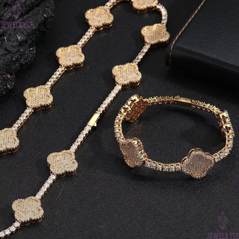 Hip Hop Fine Jewelry Four-Leaf Clover Tennis Chain Necklace Women 18K Gold Plated Moissanite Iced Out Bling Diamond Chain