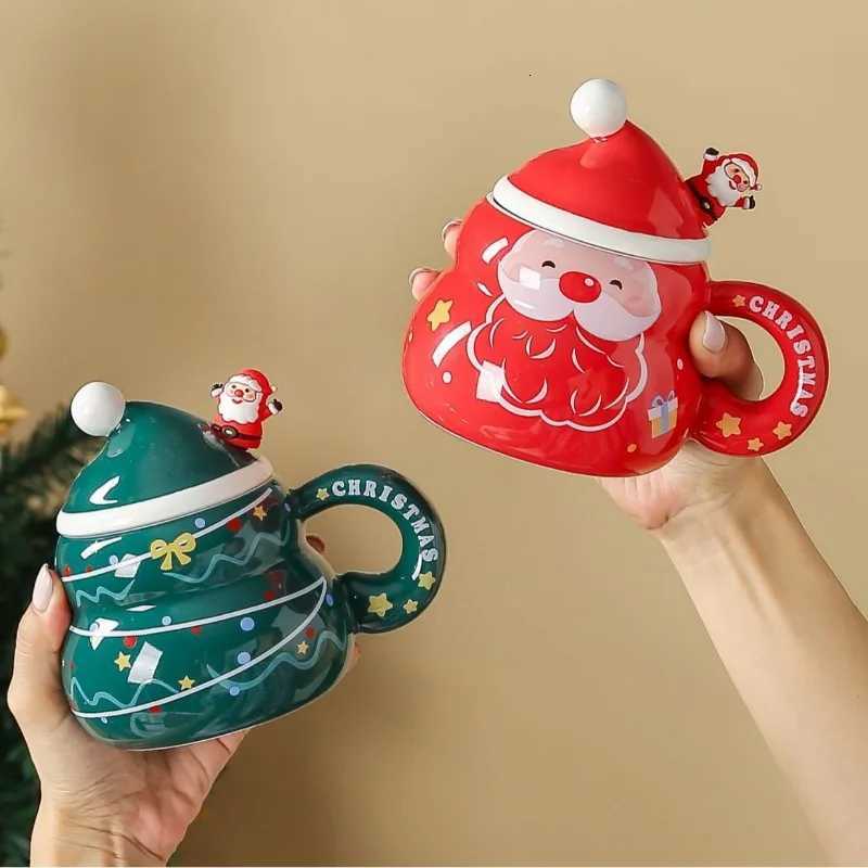 Christmas Ceramic Cup with Lid Spoon Large Capacity Cartoon Christmas Mug Home Holiday Atmosphere Gift C251210