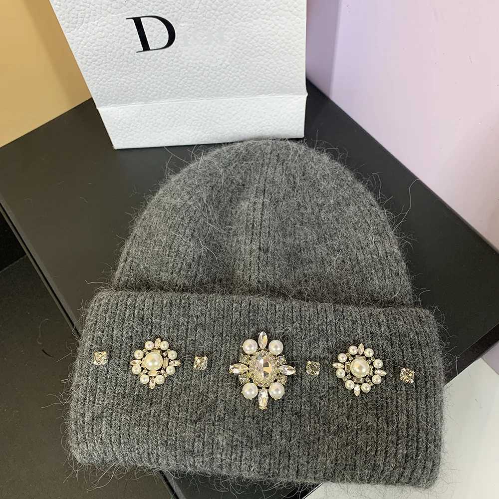 Luxury Designer Brand Women Winter Hats Luxury Rhinestones Rabbit Fur Knitted Hat Female Thicken Warm Knit Bonnet Skullies Beanies Y251209