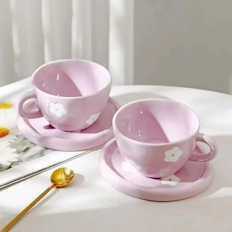 250ml Japanese Retro Hand-Painted Purple Small Flower Ceramic Cups with Saucers Hand Pinched Irregular Coffee Mug Set C251210