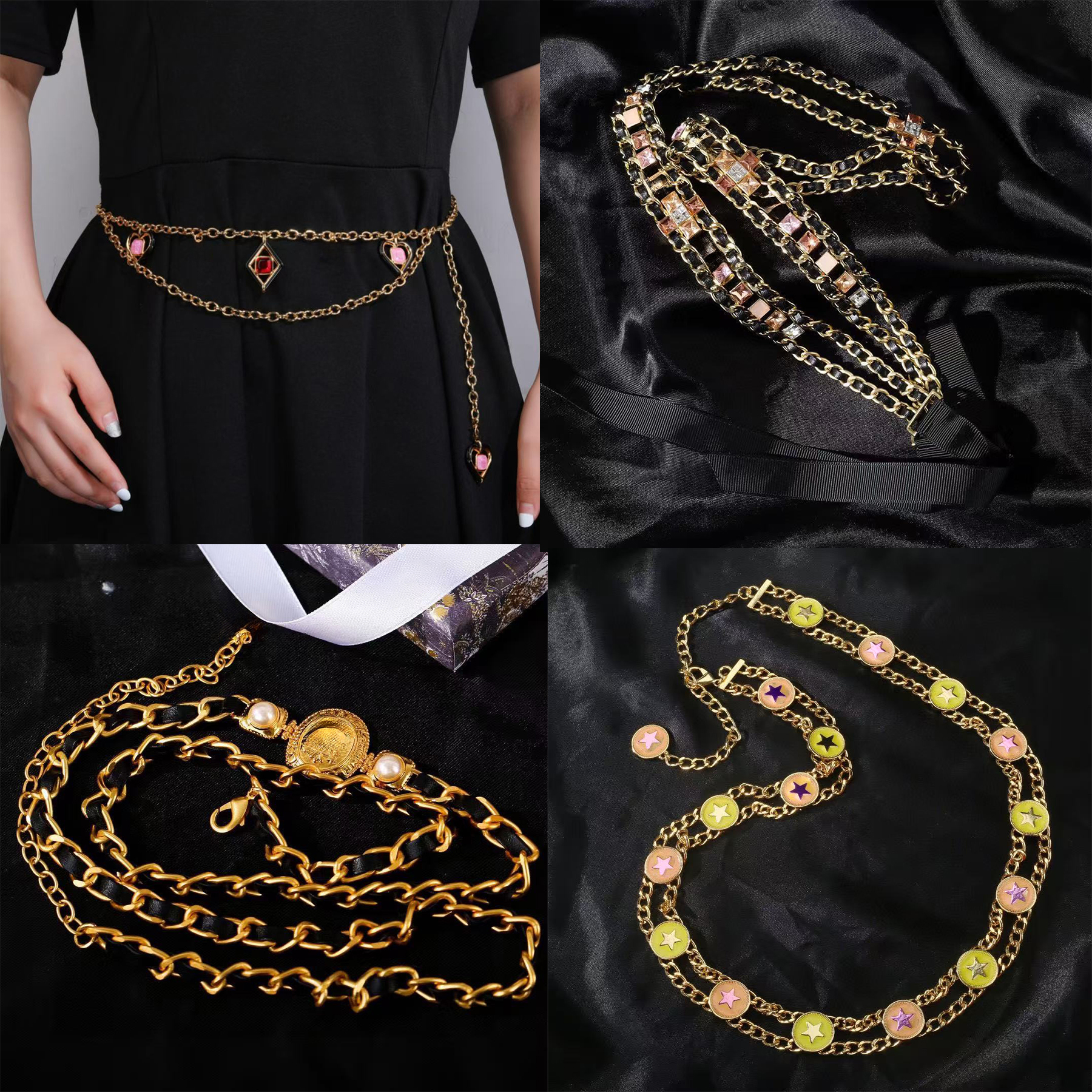 10A Mirror Quality Designer luxury women lady chain belt metal resin glass pearl diamant crystal Strass gold silver black chain jewelry waist belt