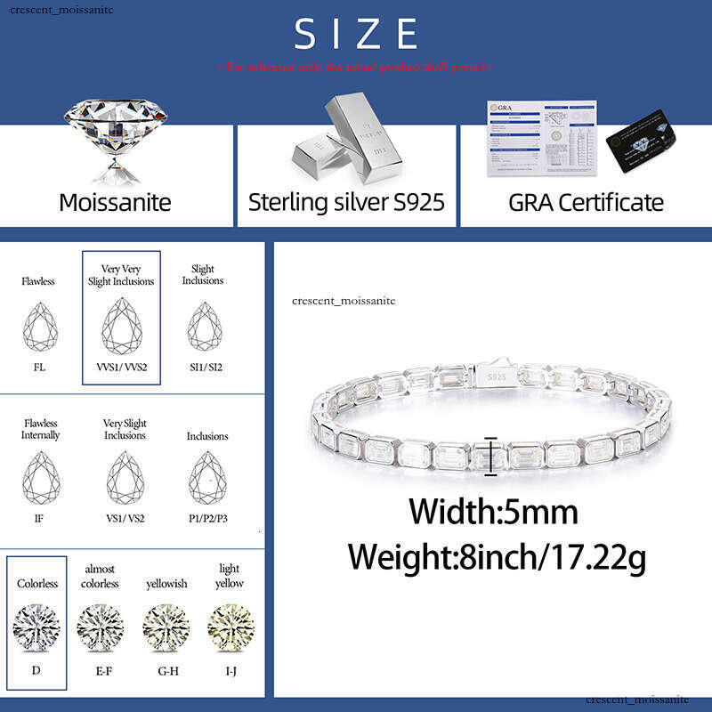 Manufacturer Price Gift Jewelry 5mm 925 Sterling Silver Emerald Cut VVS Moissanite French Long Tennis Bracelet Valentine's Day